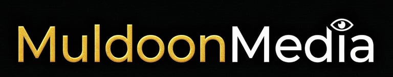 Muldoon Media logo with gold and white text on black background featuring an eye icon